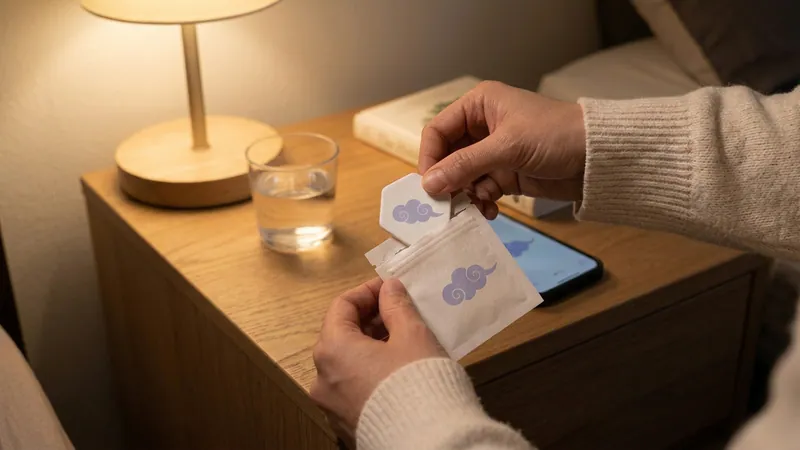 Hands opening a cloud-marked sachet and removing the hexagonal patch.