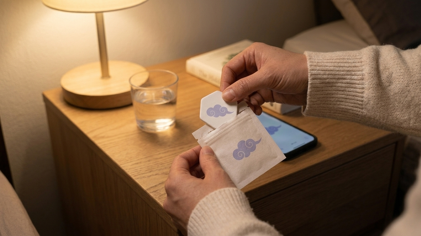 Hands opening a cloud-marked sachet and removing the hexagonal patch.