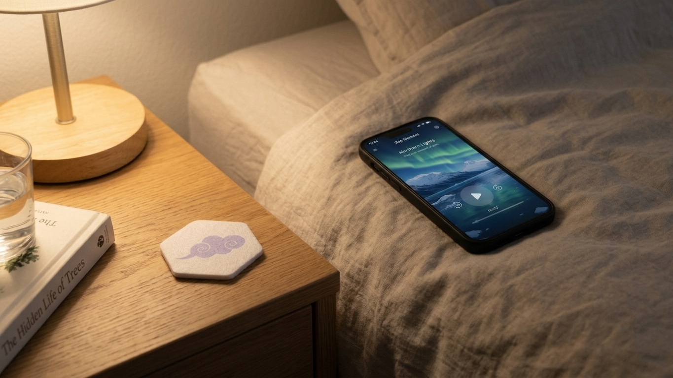 A prototype guided-play interface with a hexagonal patch beside the phone.