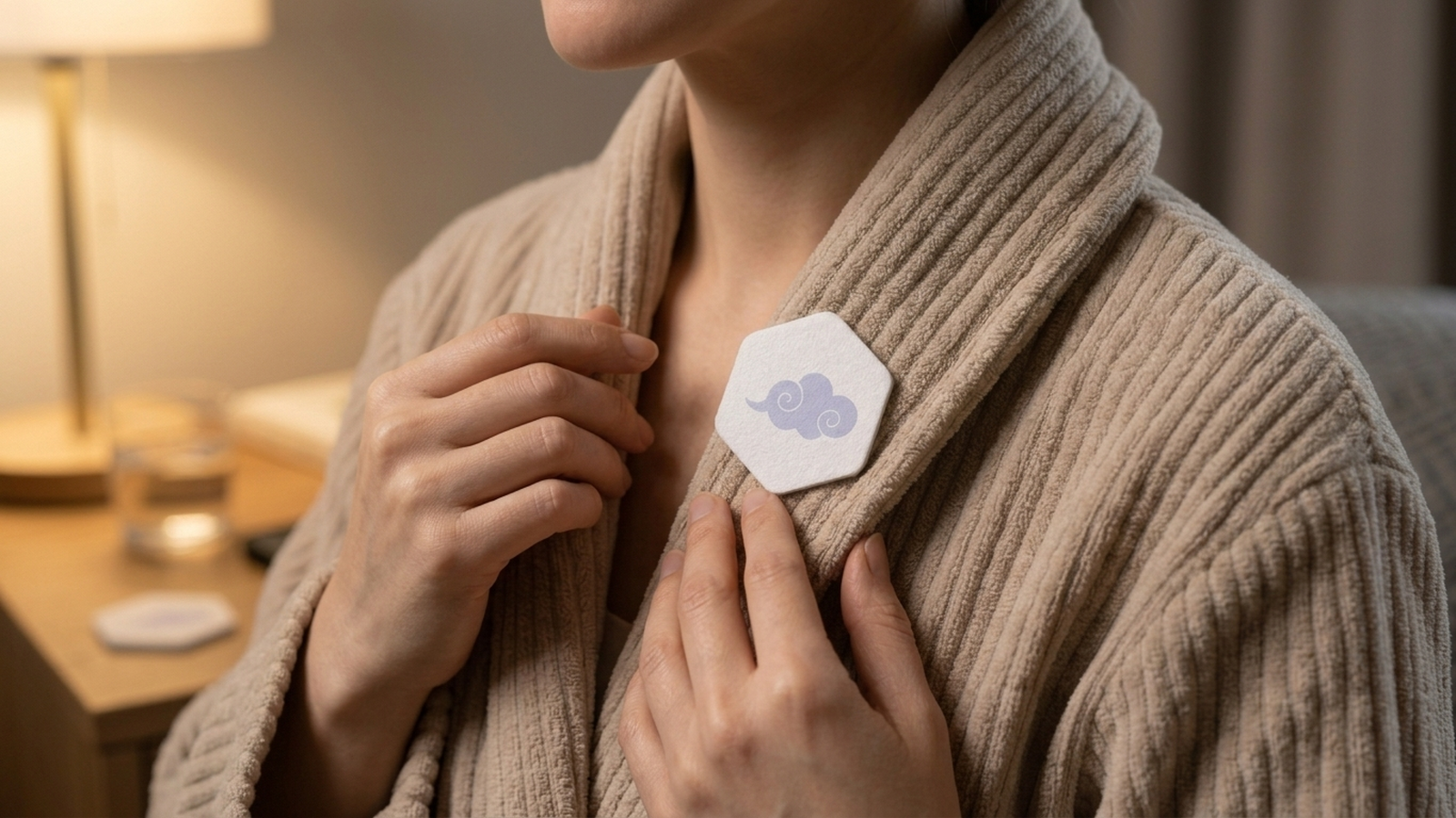 A hexagonal cloud-marked patch placed on a clothing collar.