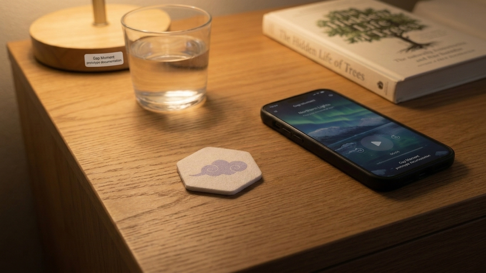 A hexagonal patch near a nightstand beside a phone showing a prototype GapMoment app interface.