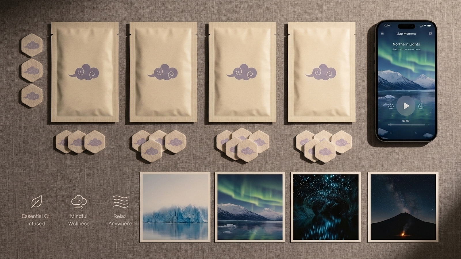 GapMoment kit layout with cloud-marked sachets, hexagonal patches, and a prototype app view.