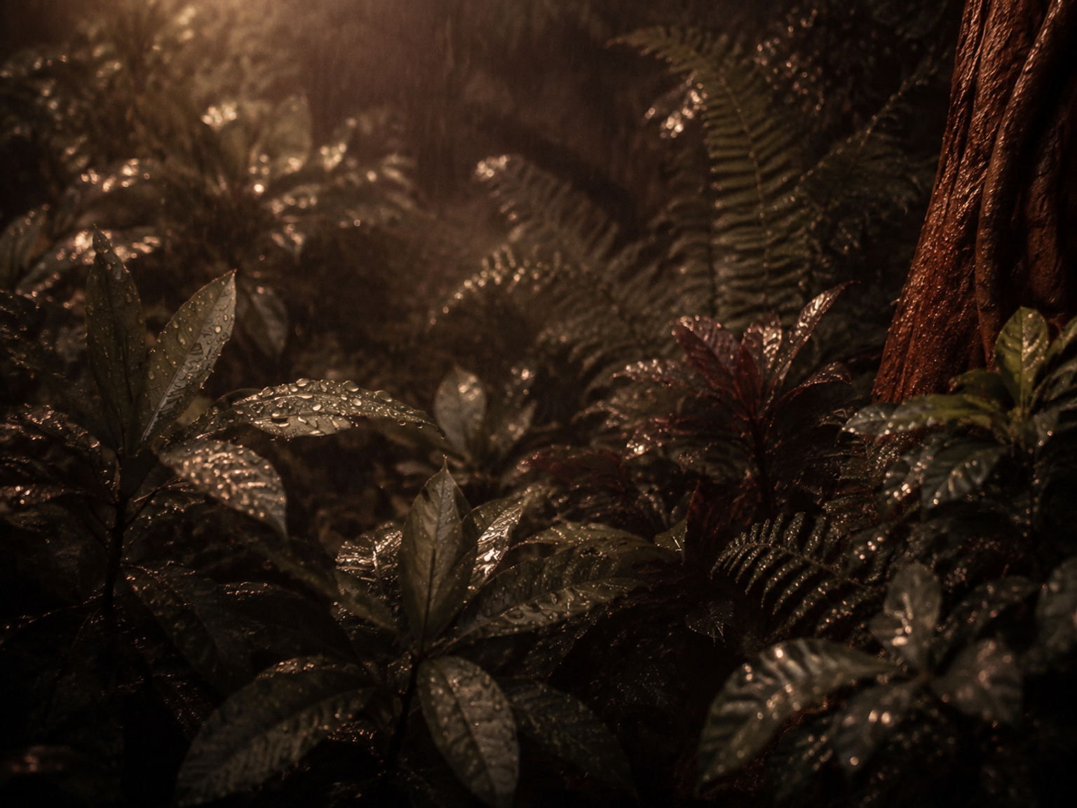 Rain falling through dense rainforest leaves.